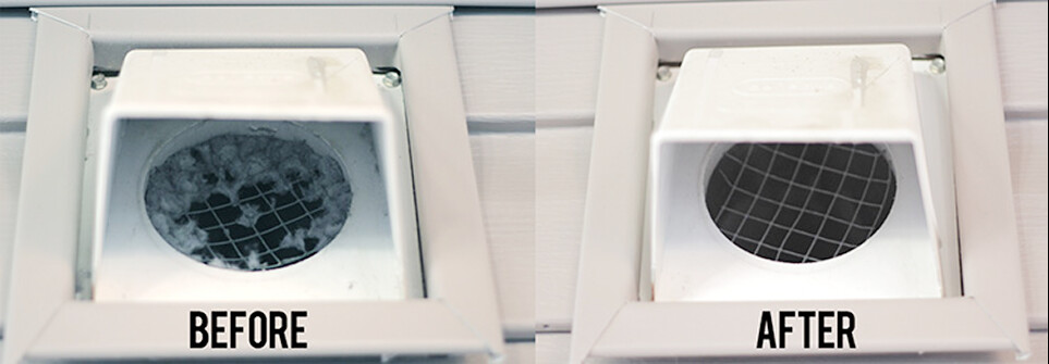 Before and after comparison of dryer vent cleaning showing a clogged dirty vent next to a clean one